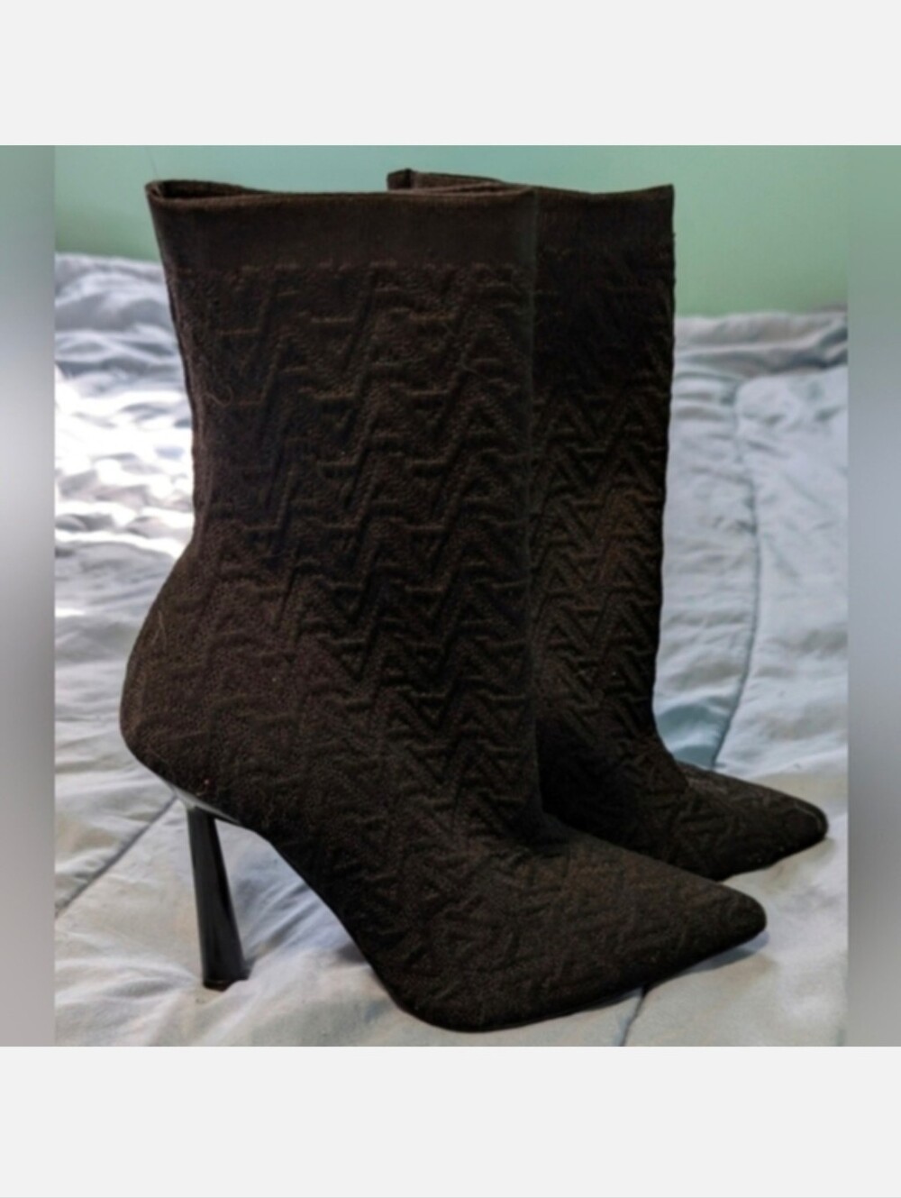 Aldo Mid-Calf Black Textured Sock Boot with Pointed Toe